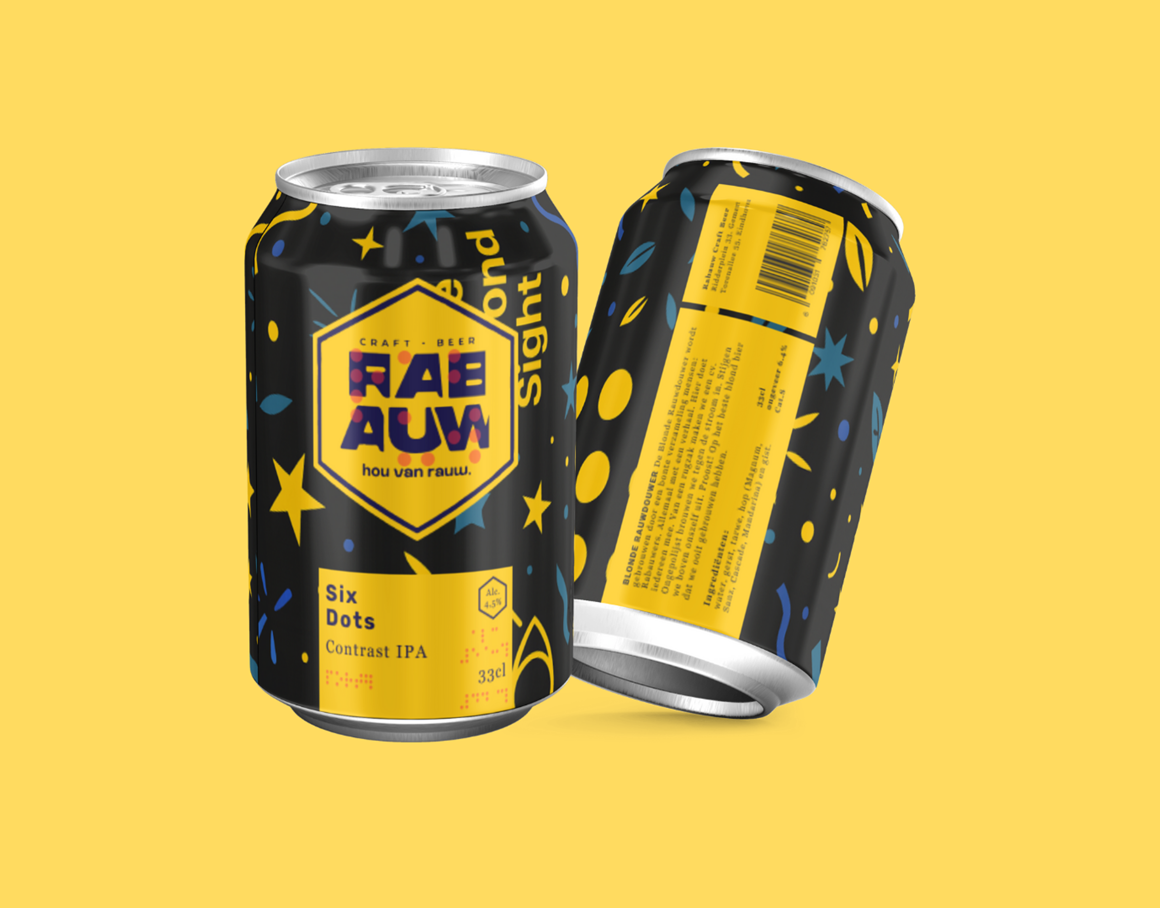 SixDots Contrast IPA cans on yellow background